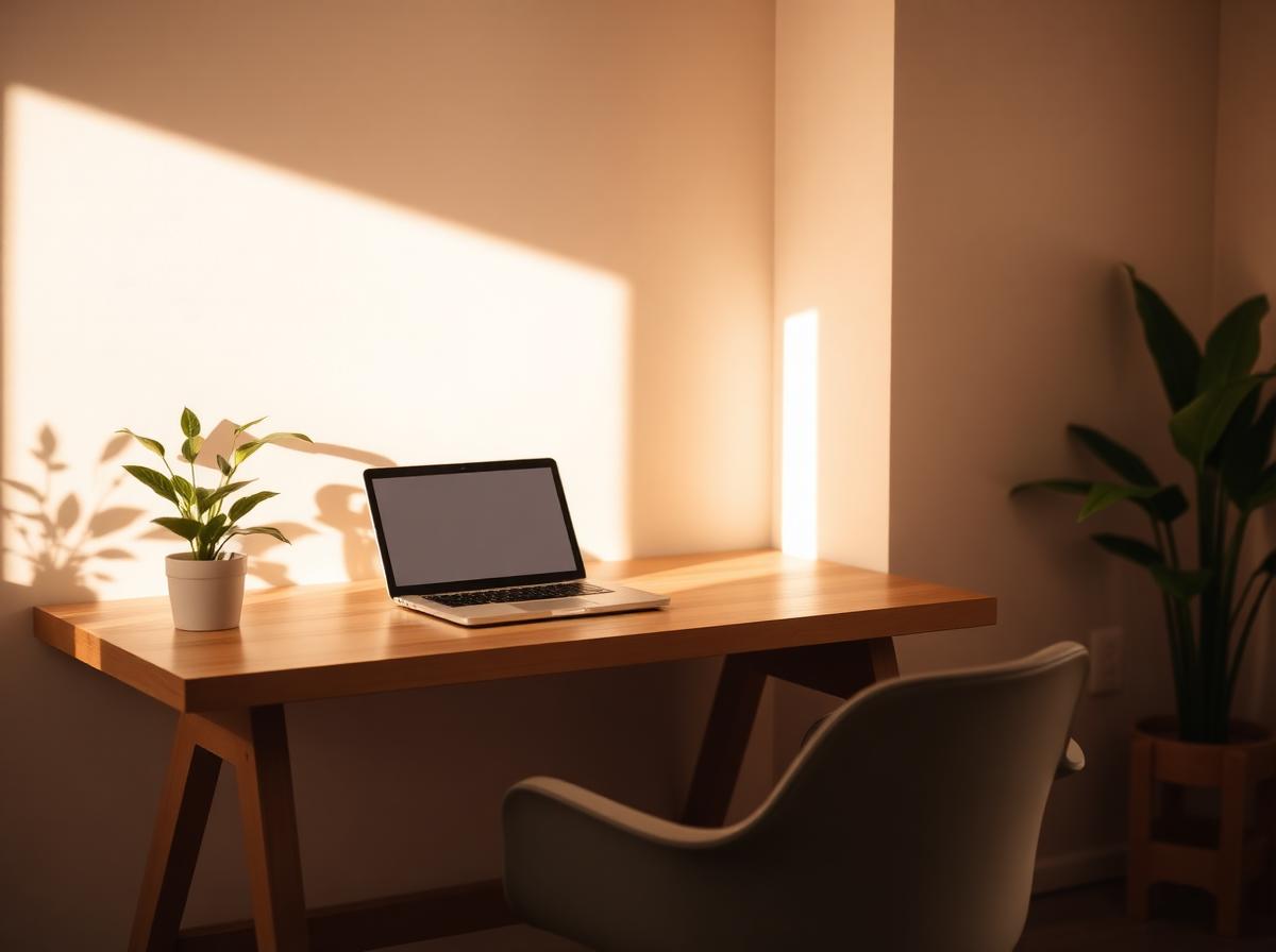 Mesa de madeira com laptop e planta em luz natural quente